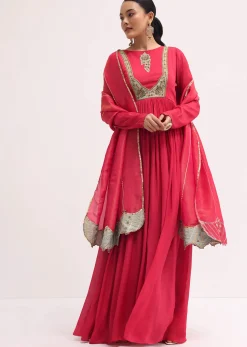 Pink Embroidered Chiffon Anarkali With Tissue Dupatta