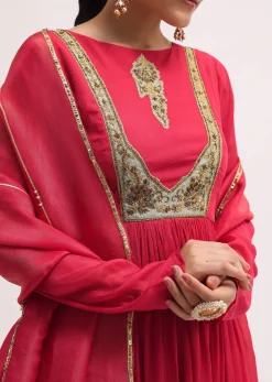 Pink Embroidered Chiffon Anarkali With Tissue Dupatta