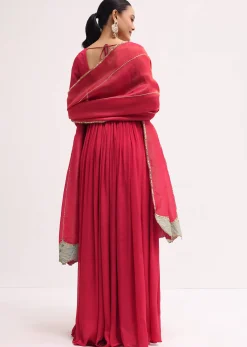 Pink Embroidered Chiffon Anarkali With Tissue Dupatta