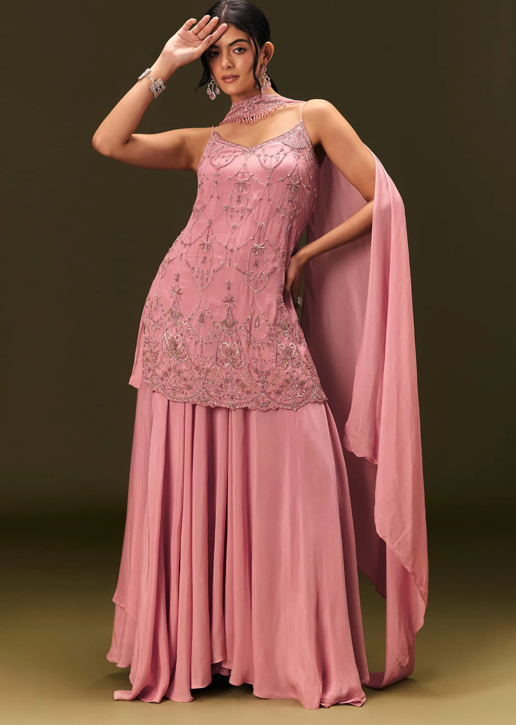Pink Embroidered Chinon Kurti With Flared Pant And Choker Dupatta