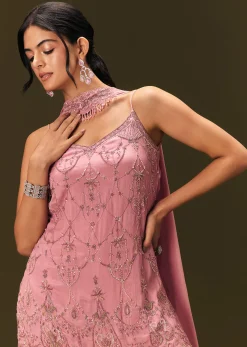 Pink Embroidered Chinon Kurti With Flared Pant And Choker Dupatta