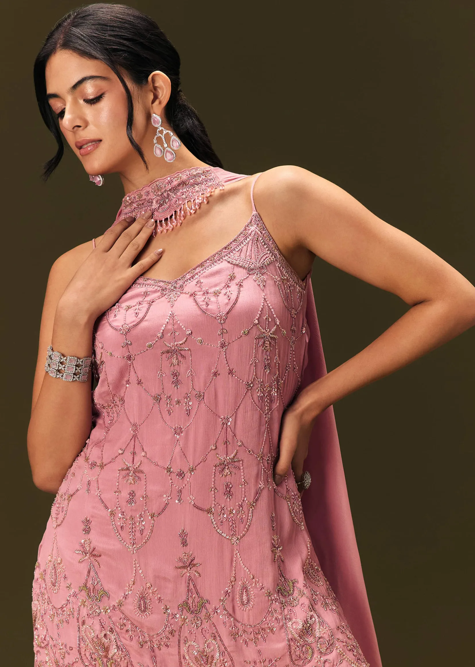 Pink Embroidered Chinon Kurti With Flared Pant And Choker Dupatta
