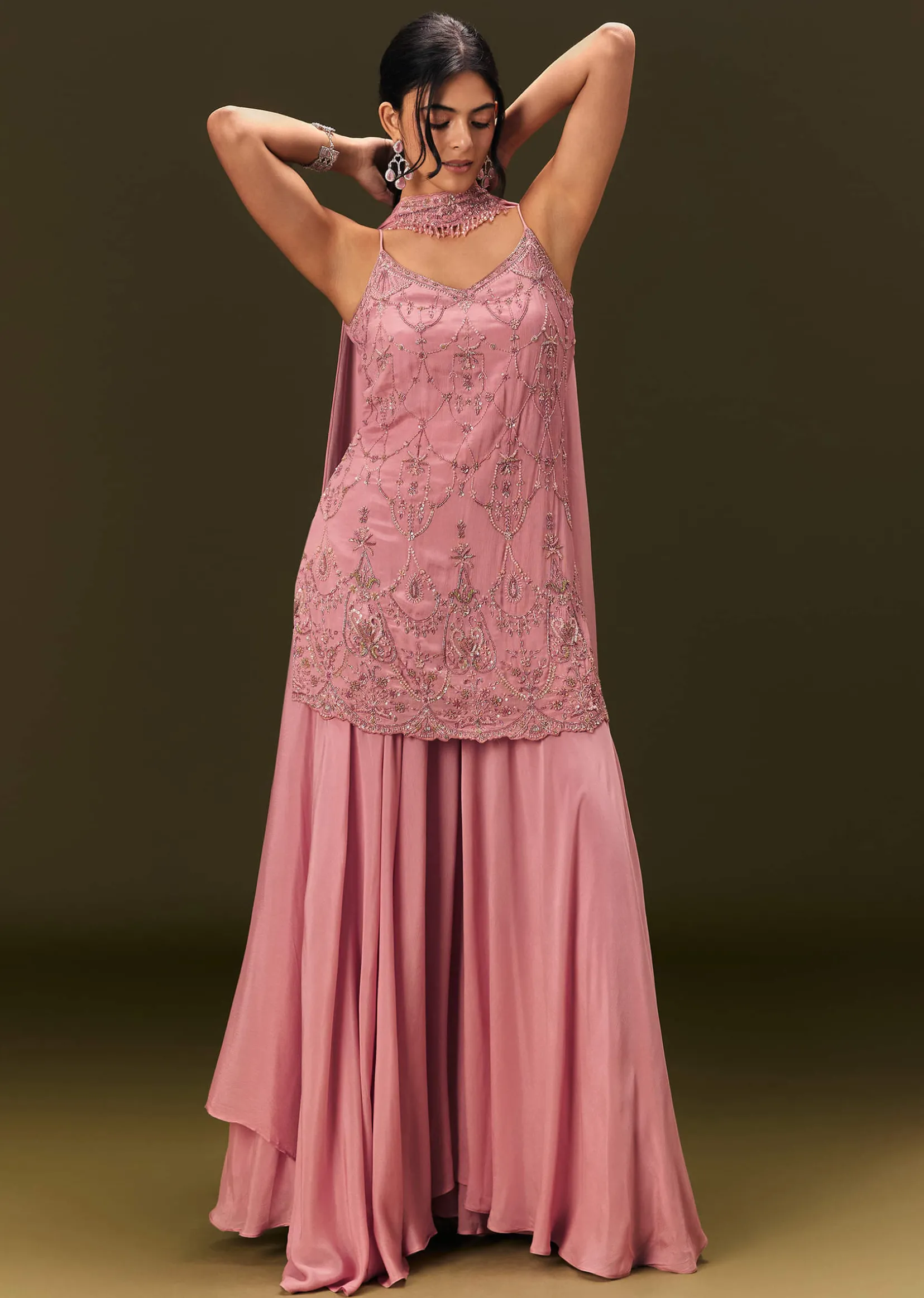 Pink Embroidered Chinon Kurti With Flared Pant And Choker Dupatta