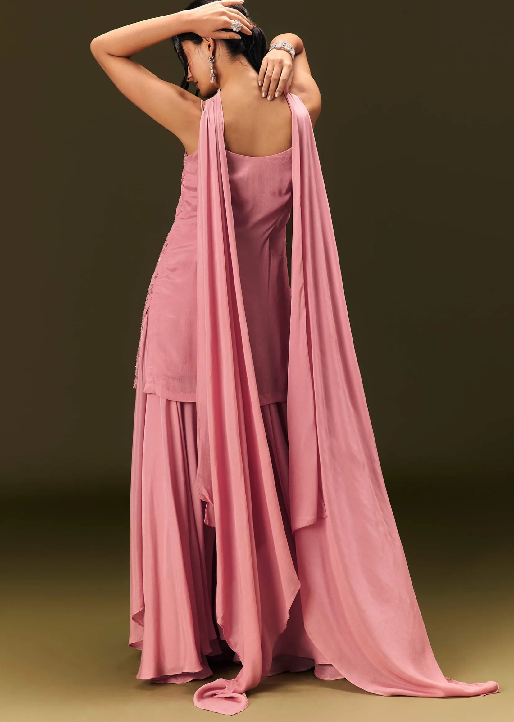 Pink Embroidered Chinon Kurti With Flared Pant And Choker Dupatta