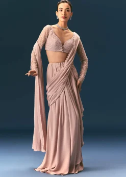 Pink Embroidered Draped Skirt Saree With Blouse