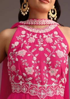 Pink Embroidered Jumpsuit With Choker Net Dupatta