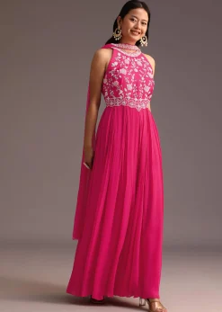 Pink Embroidered Jumpsuit With Choker Net Dupatta