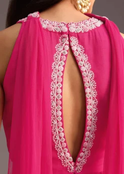 Pink Embroidered Jumpsuit With Choker Net Dupatta