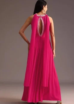 Pink Embroidered Jumpsuit With Choker Net Dupatta