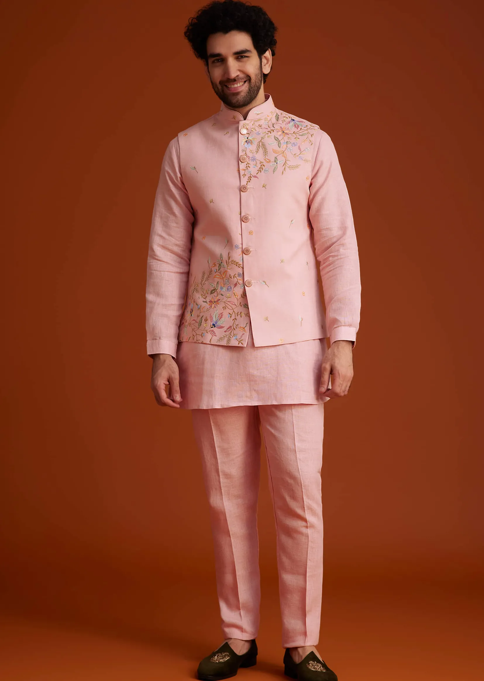 Pink Embroidered Kurta Jacket Set