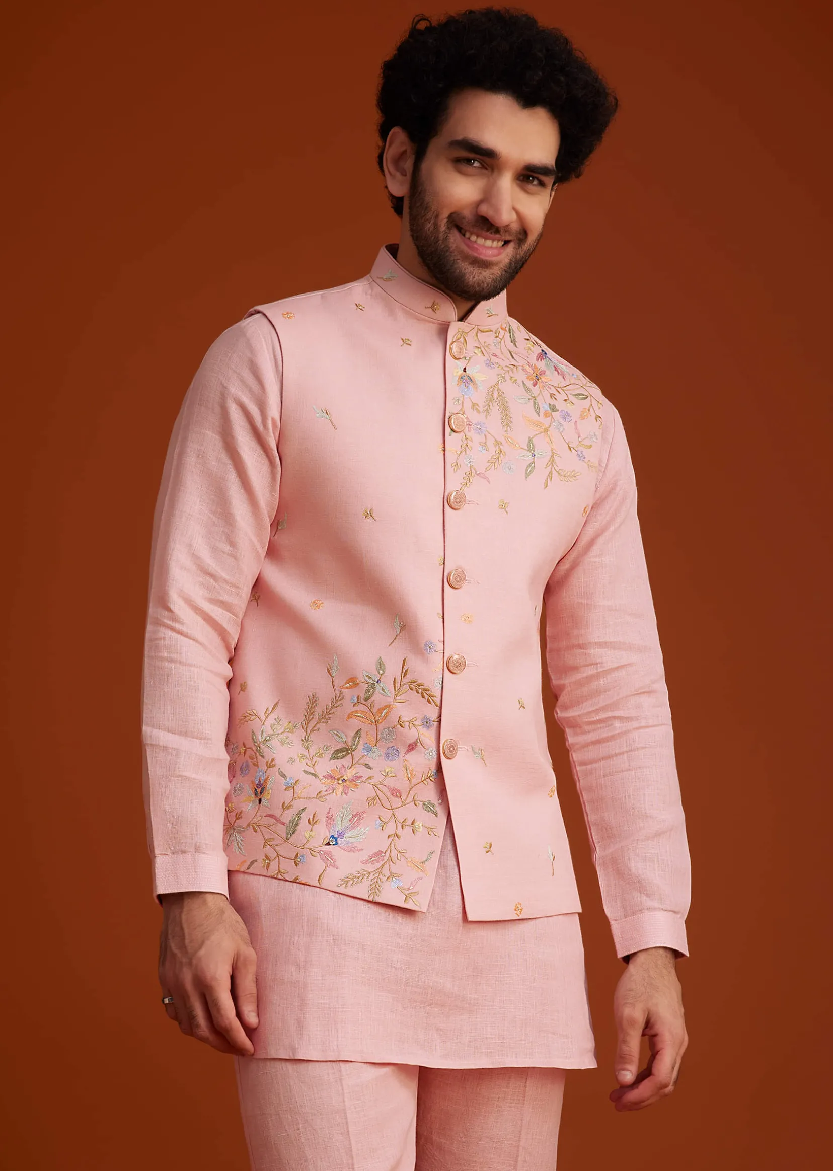 Pink Embroidered Kurta Jacket Set