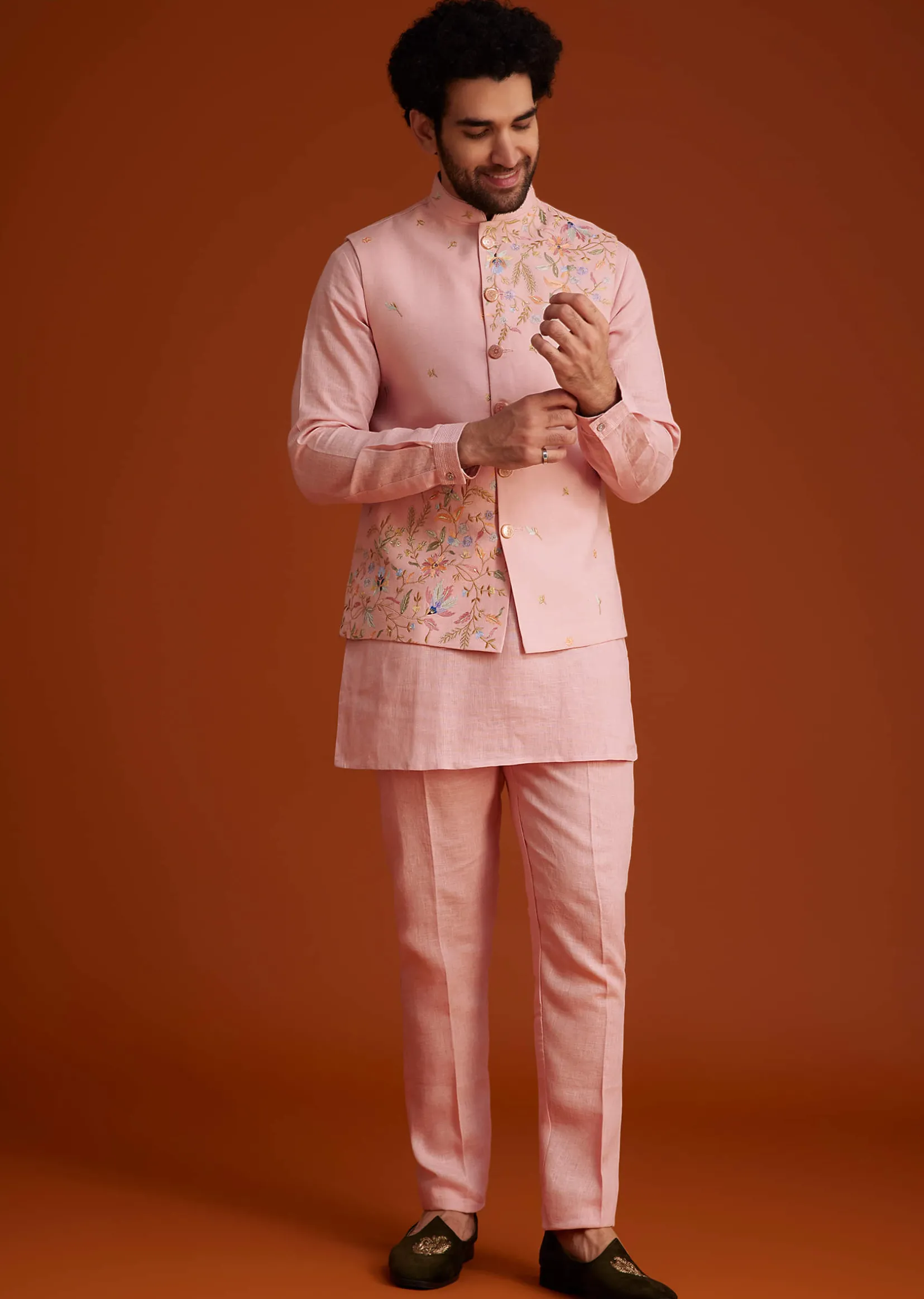 Pink Embroidered Kurta Jacket Set