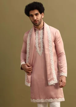 Pink Embroidered Kurta With Dupatta Set For Men