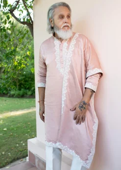 Pink Embroidered Kurta With Dupatta Set For Men