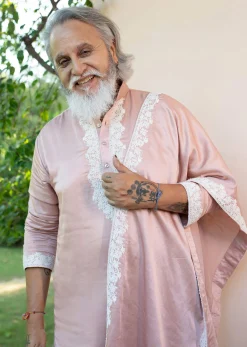 Pink Embroidered Kurta With Dupatta Set For Men