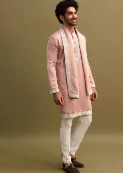 Pink Embroidered Kurta With Dupatta Set For Men