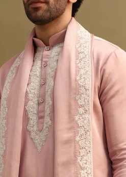 Pink Embroidered Kurta With Dupatta Set For Men