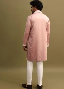 Pink Embroidered Kurta With Dupatta Set For Men
