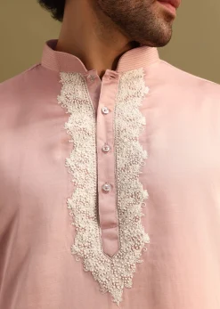 Pink Embroidered Kurta With Dupatta Set For Men