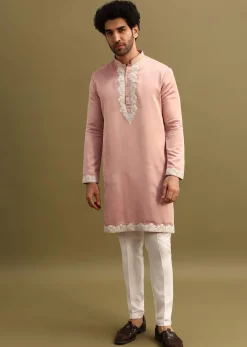 Pink Embroidered Kurta With Dupatta Set For Men