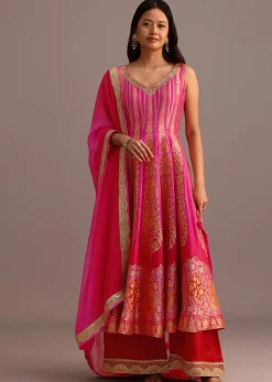 Pink Embroidered Kurti Palazzo With Organza Dupatta