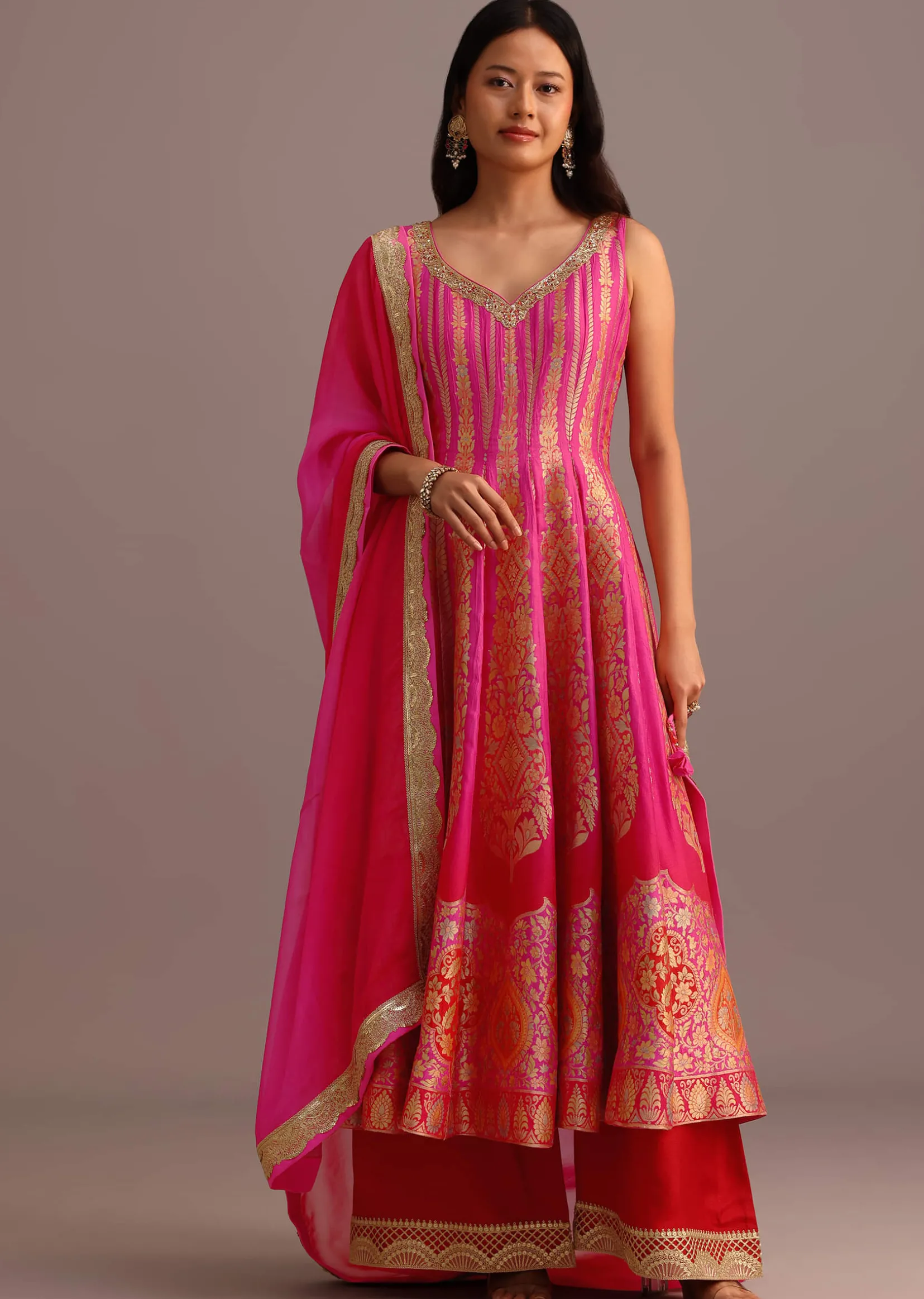 Pink Embroidered Kurti Palazzo With Organza Dupatta