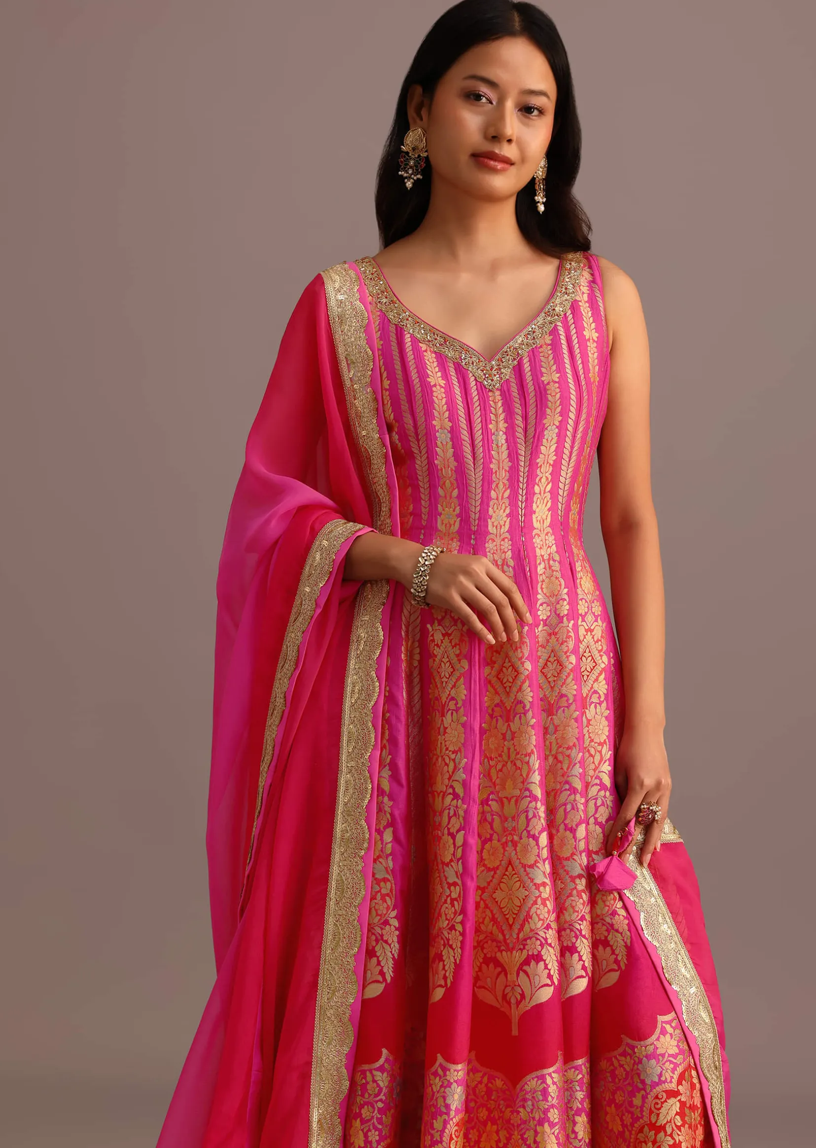 Pink Embroidered Kurti Palazzo With Organza Dupatta