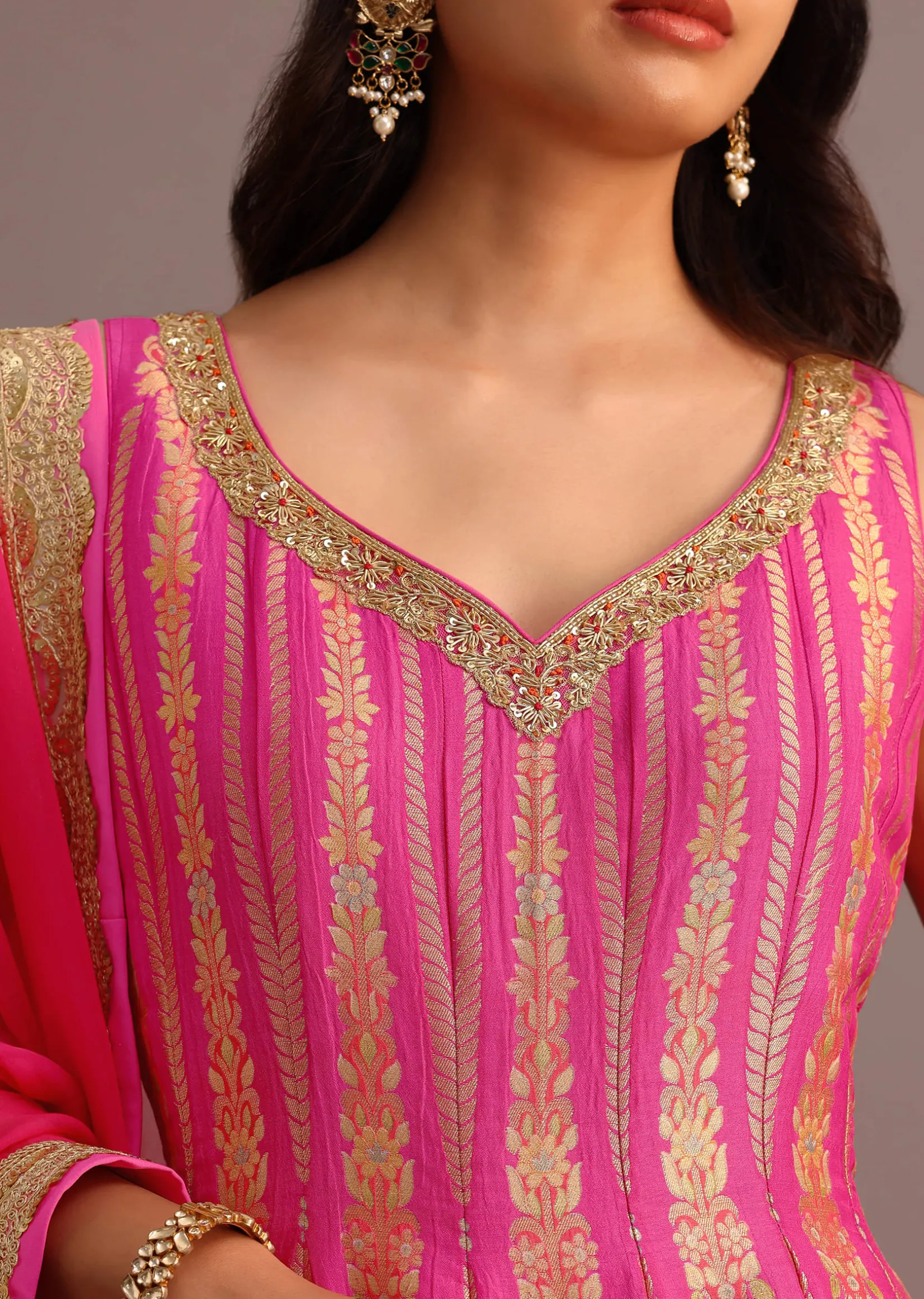 Pink Embroidered Kurti Palazzo With Organza Dupatta