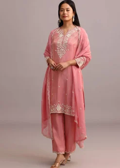 Pink Embroidered Kurti Set With Butti Work On Organza Dupatta