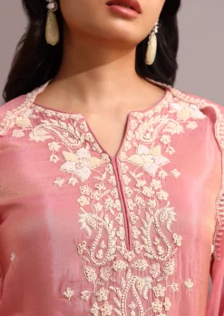 Pink Embroidered Kurti Set With Butti Work On Organza Dupatta