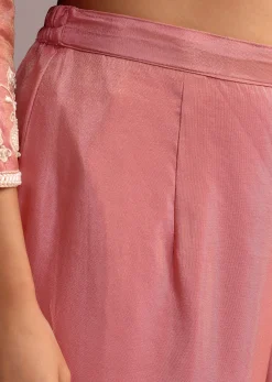 Pink Embroidered Kurti Set With Butti Work On Organza Dupatta