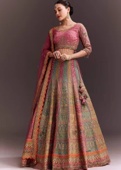 Pink Embroidered Lehenga Set With Net dupatta
