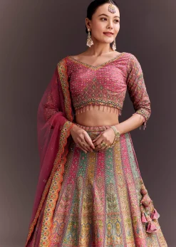 Pink Embroidered Lehenga Set With Net dupatta