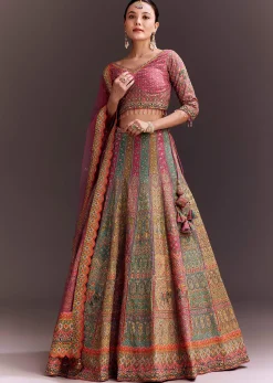 Pink Embroidered Lehenga Set With Net dupatta