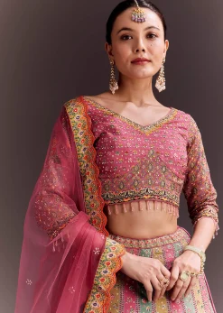 Pink Embroidered Lehenga Set With Net dupatta