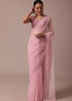 Pink Embroidered Organza Saree With Unstitched Blouse