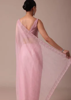 Pink Embroidered Organza Saree With Unstitched Blouse