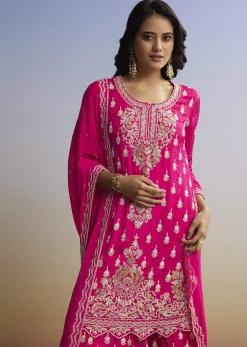 Pink Embroidered Palazzo Set In Chinon