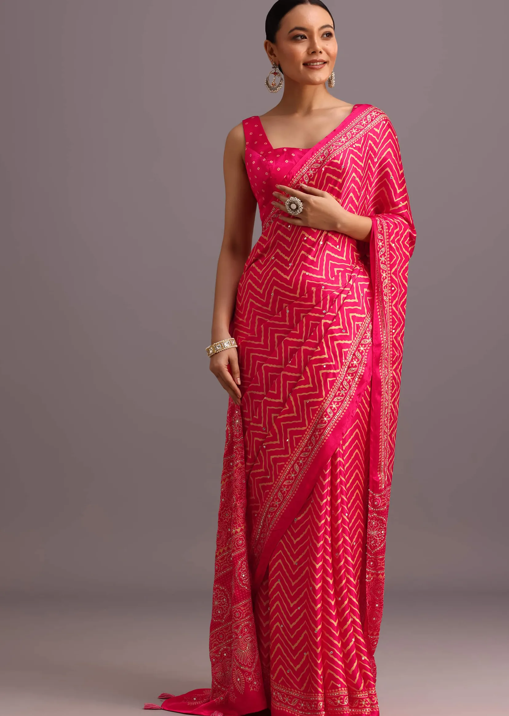 Pink Embroidered Satin Ajrakh Block Print Saree With Mirror Work