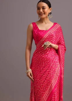 Pink Embroidered Satin Ajrakh Block Print Saree With Mirror Work