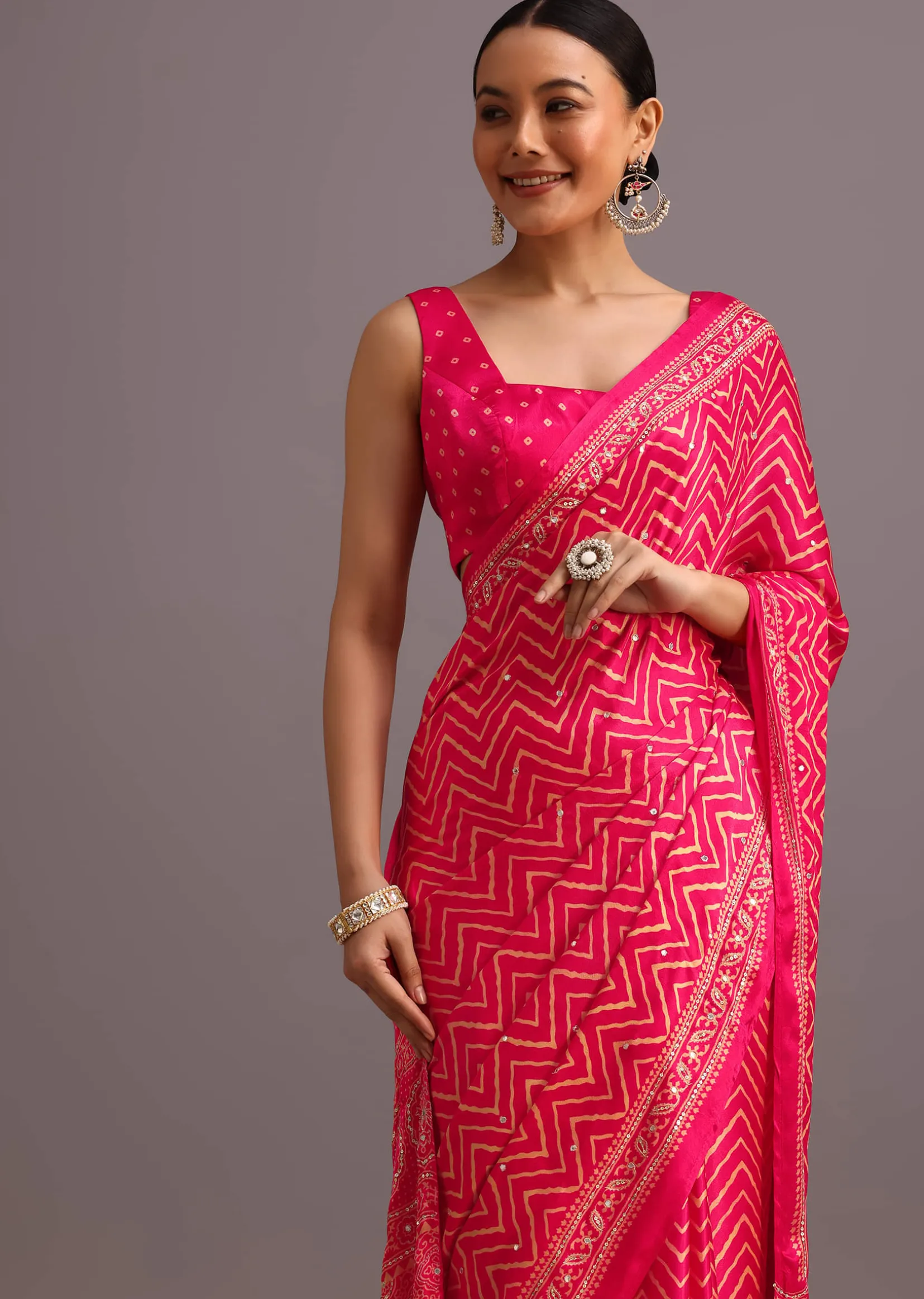 Pink Embroidered Satin Ajrakh Block Print Saree With Mirror Work