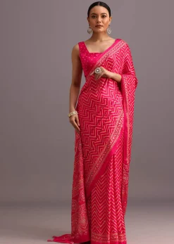 Pink Embroidered Satin Ajrakh Block Print Saree With Mirror Work