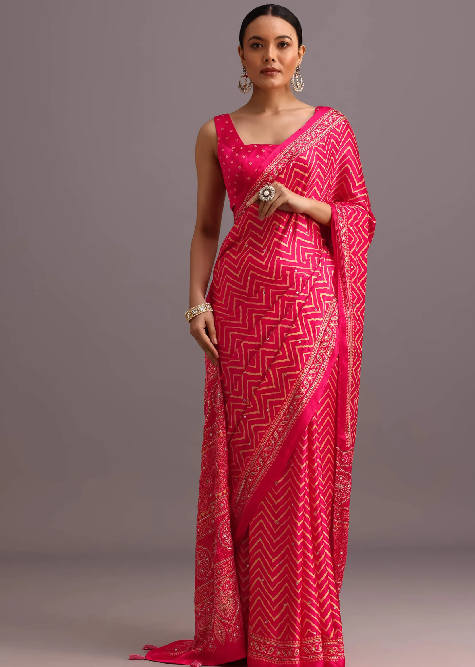 Pink Embroidered Satin Ajrakh Block Print Saree With Mirror Work