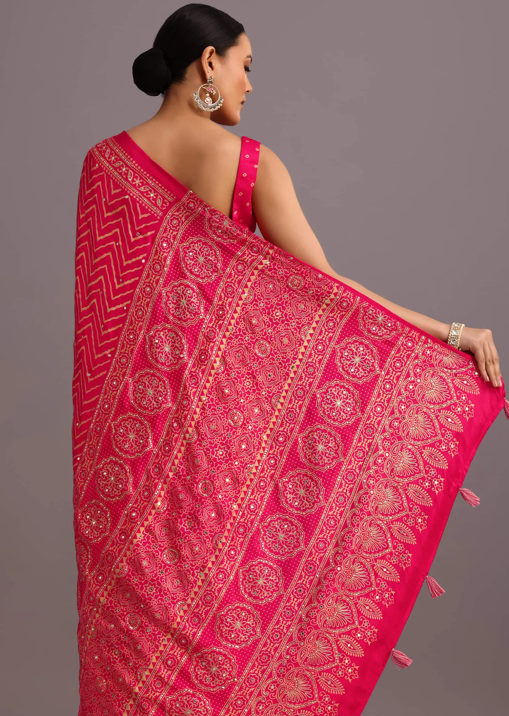 Pink Embroidered Satin Ajrakh Block Print Saree With Mirror Work
