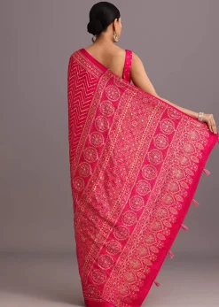 Pink Embroidered Satin Ajrakh Block Print Saree With Mirror Work