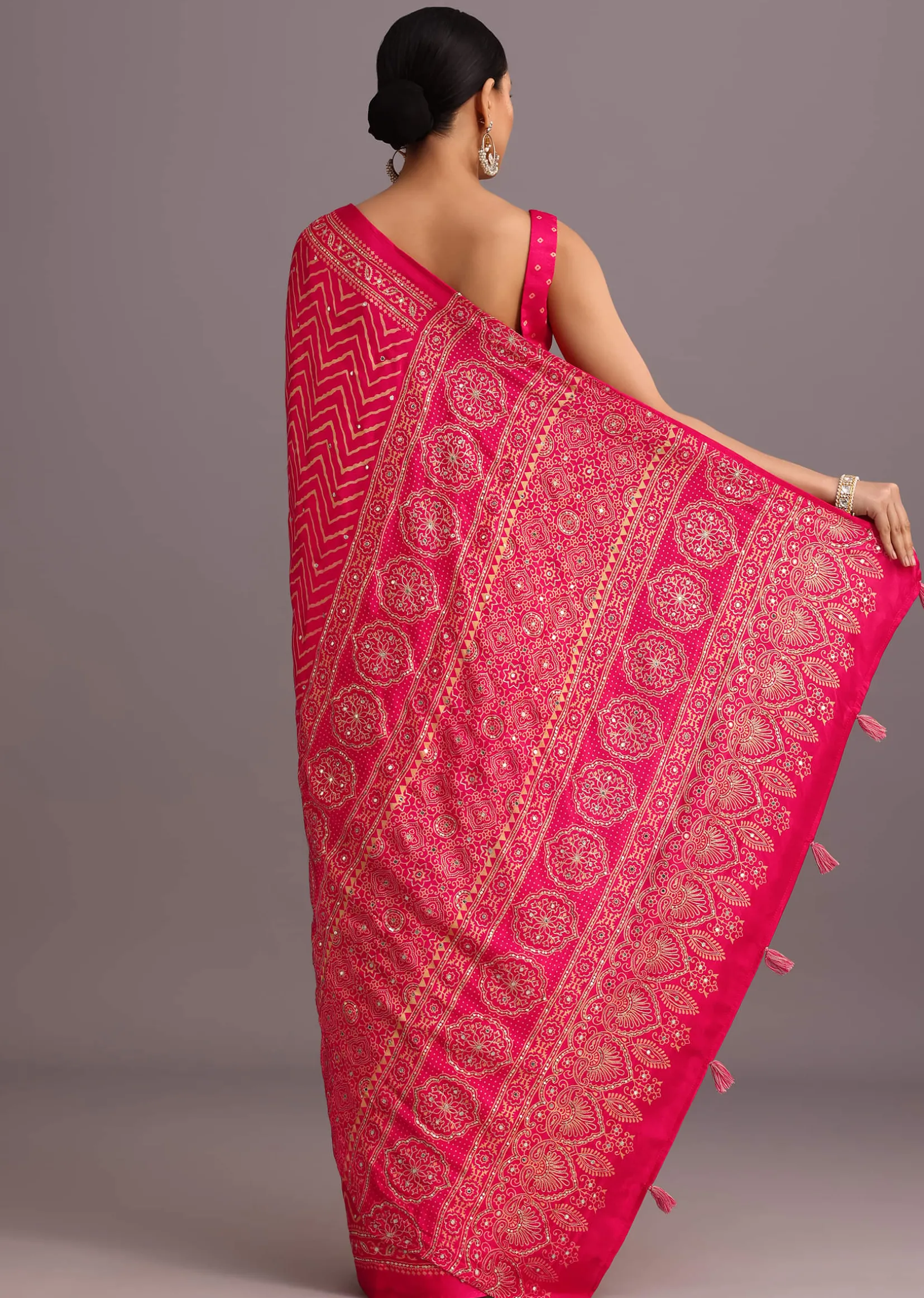 Pink Embroidered Satin Ajrakh Block Print Saree With Mirror Work