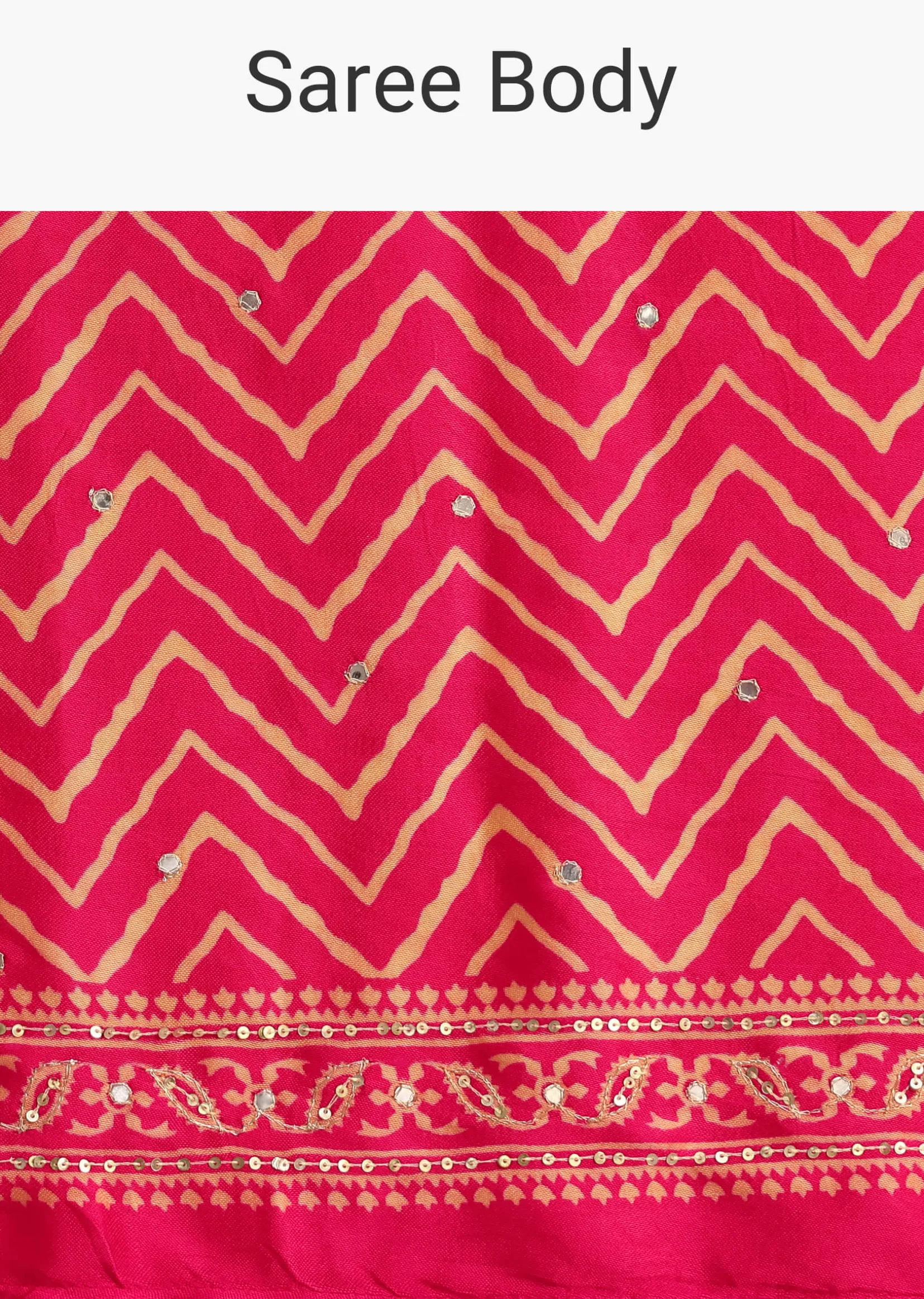 Pink Embroidered Satin Ajrakh Block Print Saree With Mirror Work