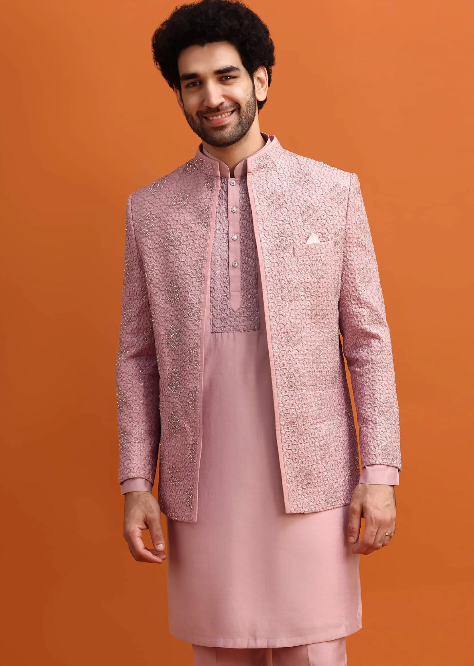 Pink Embroidered Silk Jodhpuri Set For Men