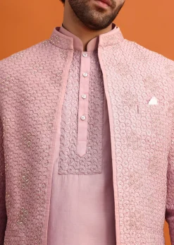 Pink Embroidered Silk Jodhpuri Set For Men
