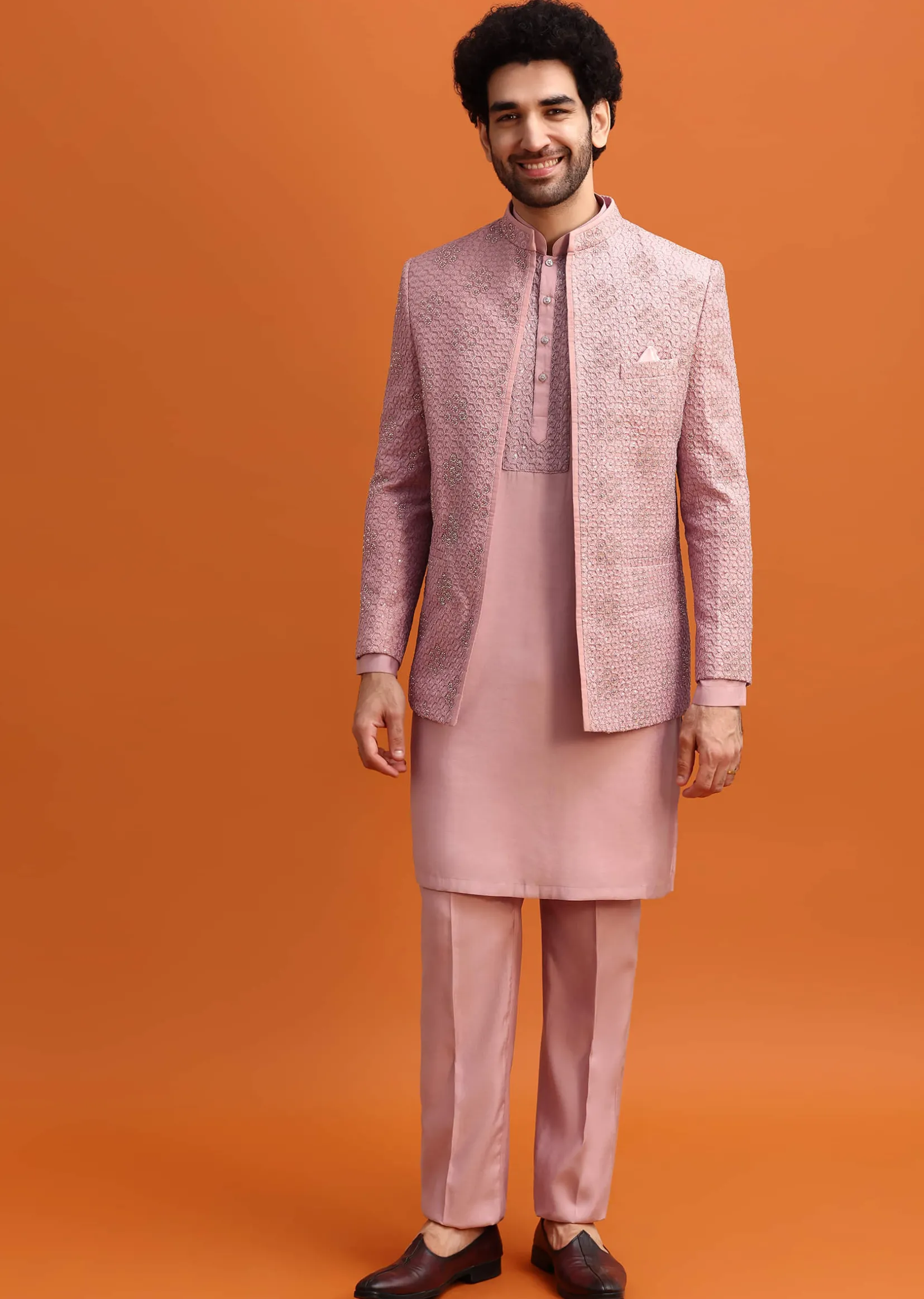 Pink Embroidered Silk Jodhpuri Set For Men